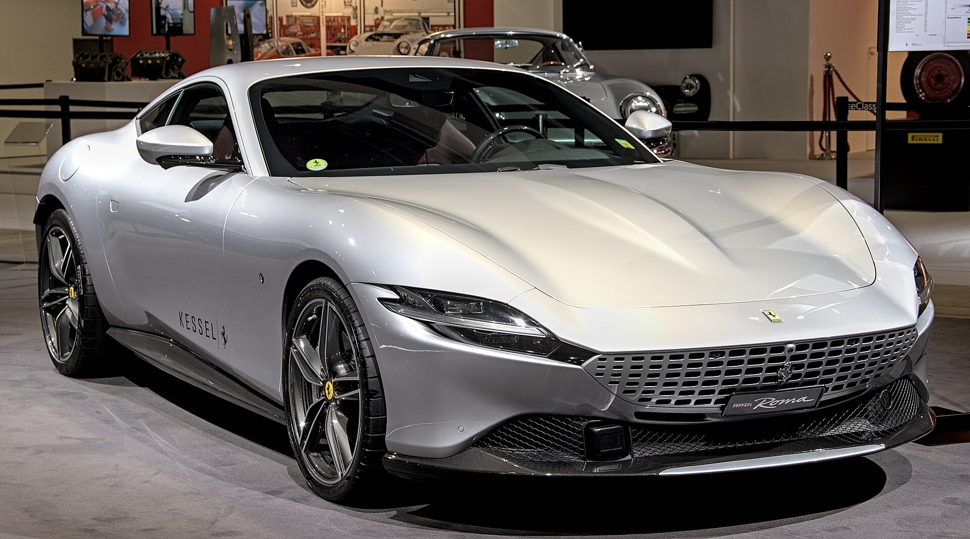 A Ferrari Roma at display — the marque's market narrative is now tied to its first electric model.