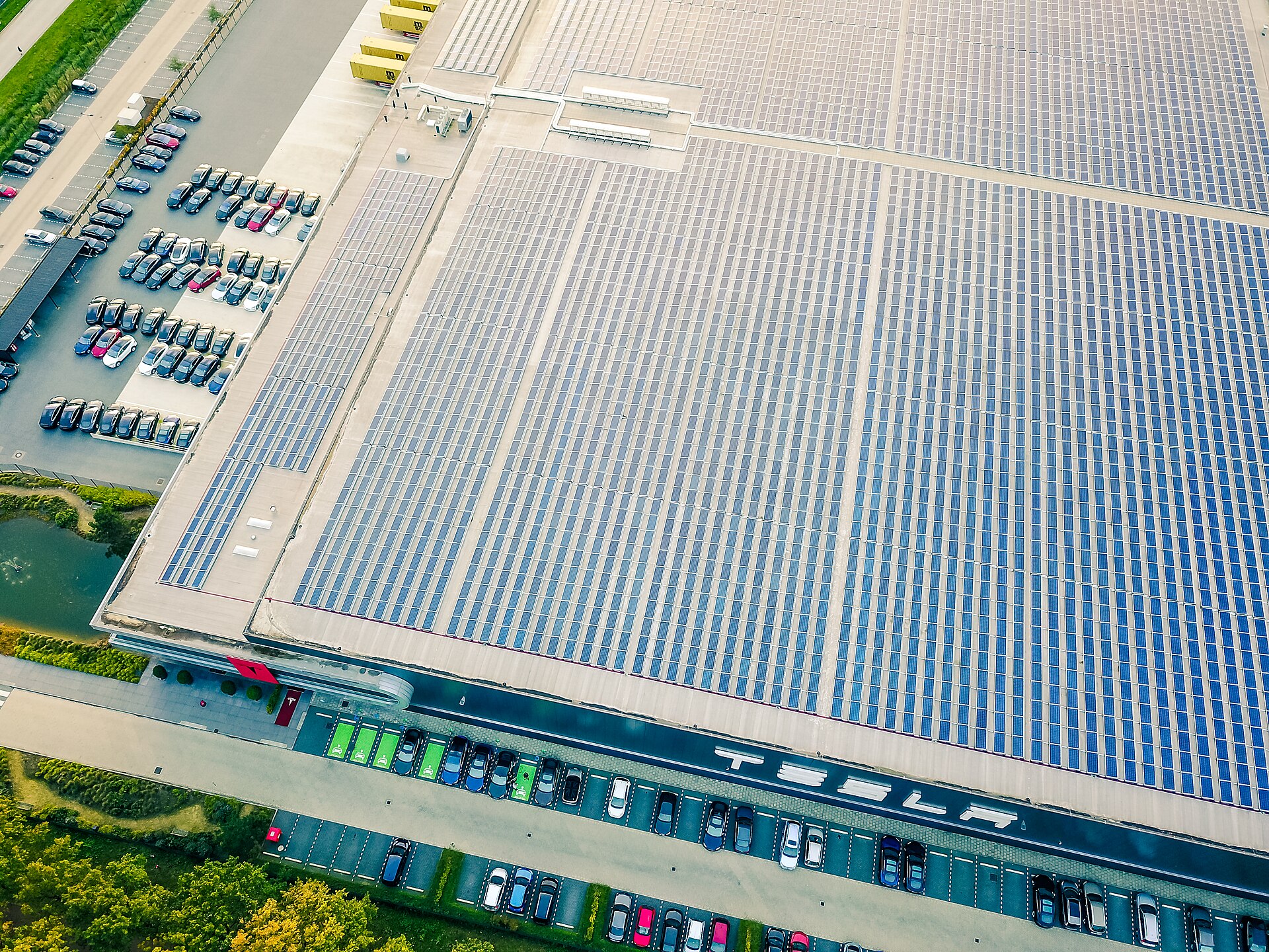 Solar panels cover the roof of a Tesla assembly plant in Tilburg, Netherlands.