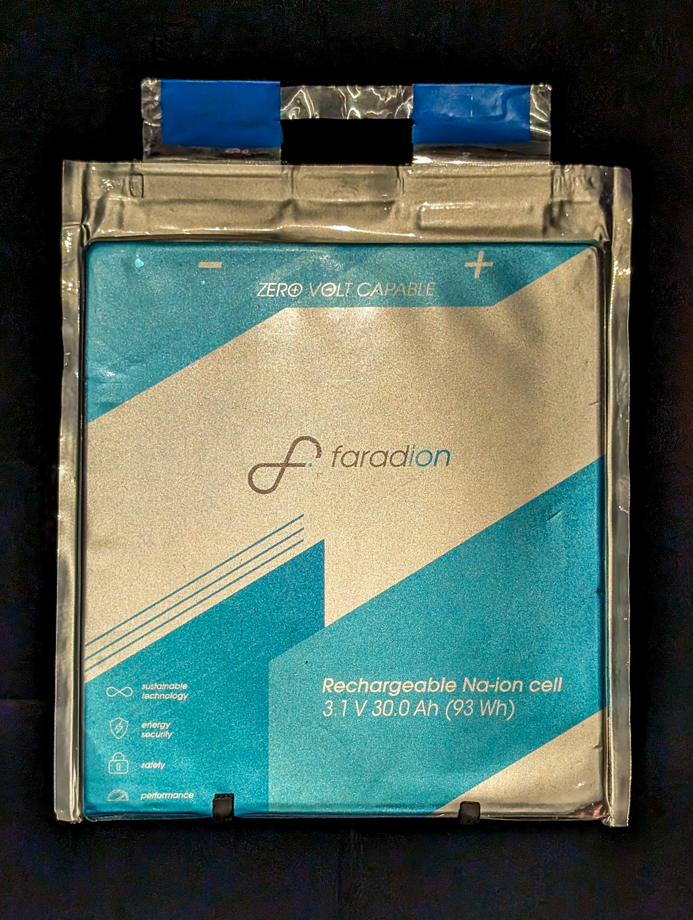 A Faradion rechargeable sodium-ion cell on display at the Science Museum in London.
