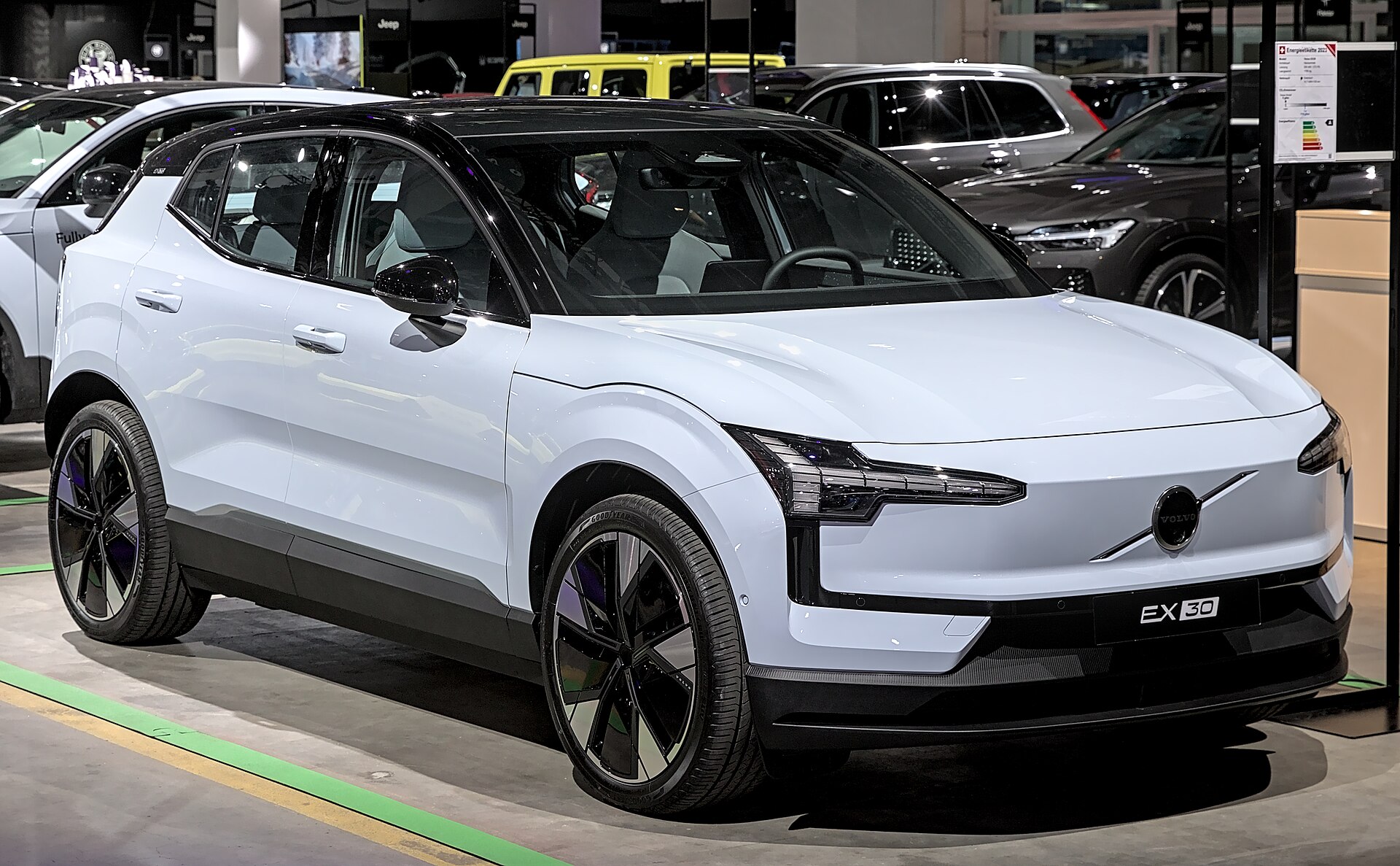 A Volvo EX30 electric SUV on display, the kind of Volvo EV that can now use Tesla Superchargers in Europe through the Volvo Cars app.