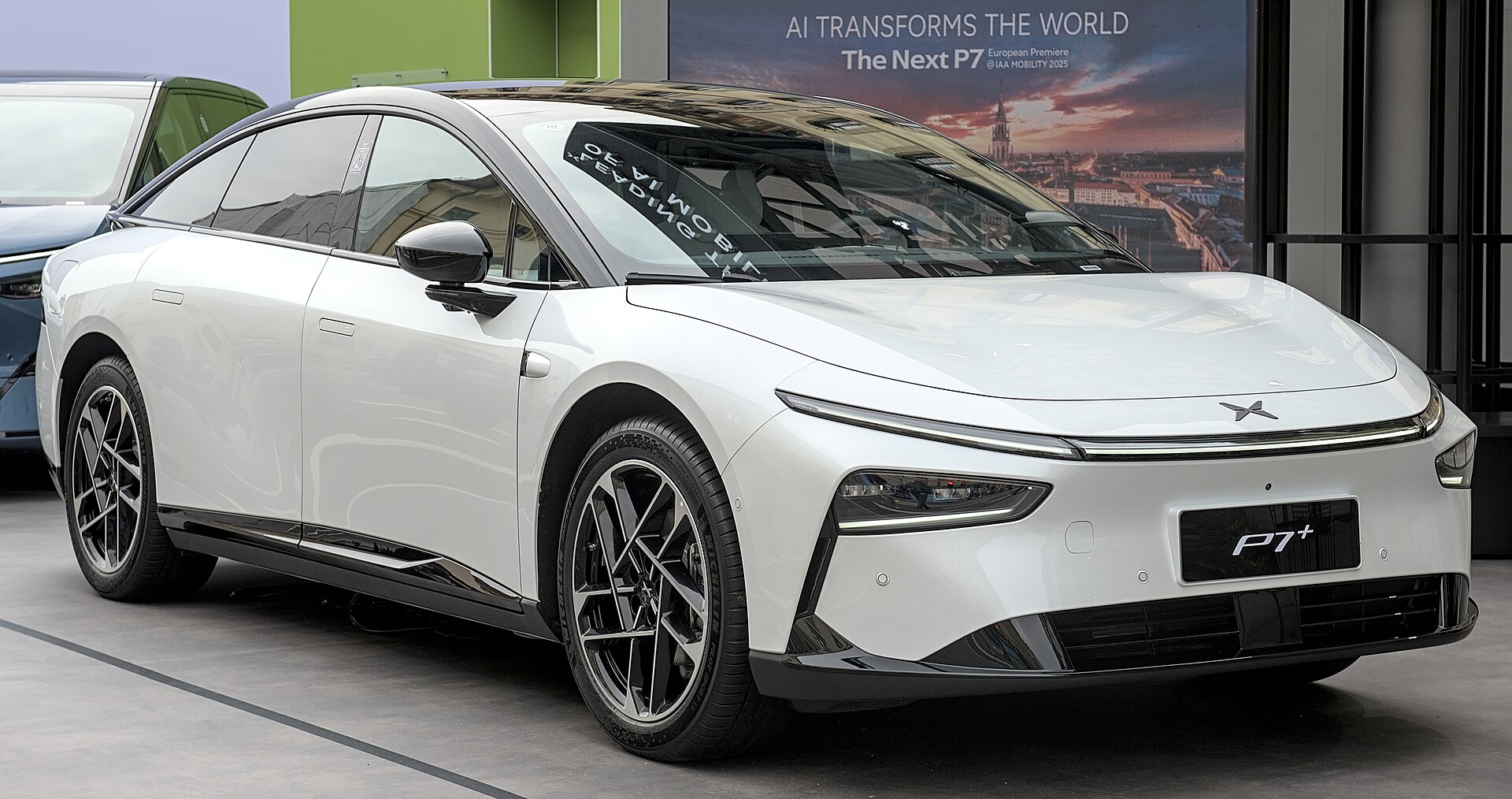 The XPeng P7+ flagship sedan on display at IAA Mobility 2025 in Munich.