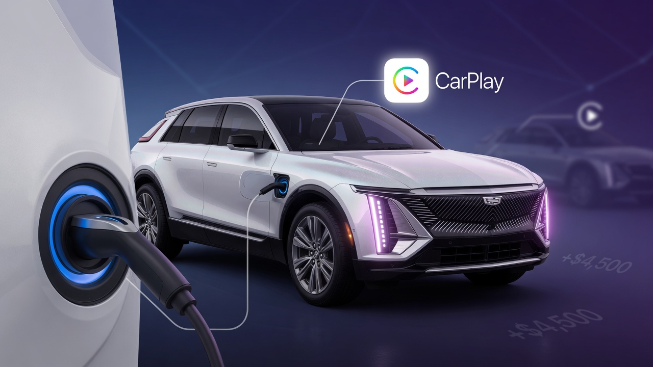 AI-generated editorial illustration for 2027 Lyriq Retains CarPlay as GM Drops It From Other EVs