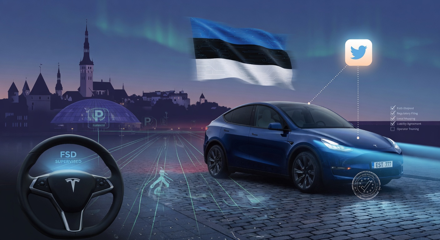 AI-generated editorial illustration for Tesla says FSD Supervised is cleared in Estonia. What to verify.