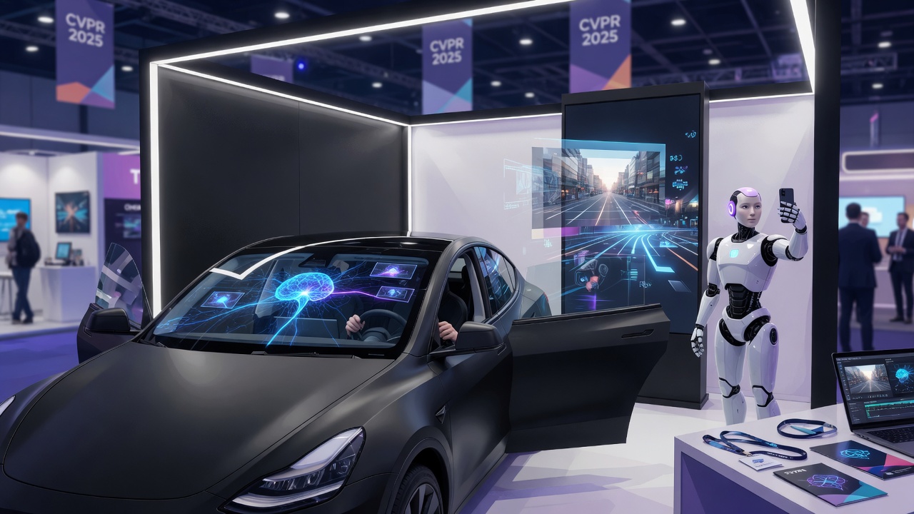 AI-generated editorial illustration for Tesla Books CVPR Booth for FSD Demos