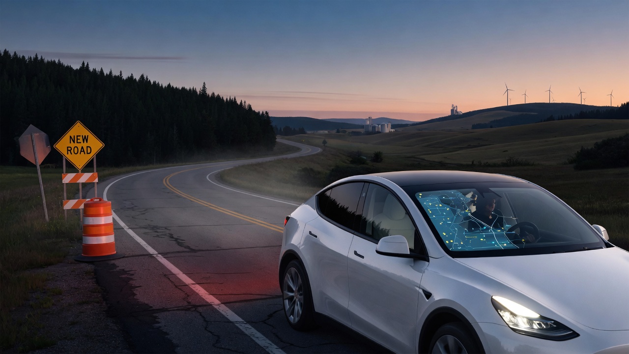 AI-generated editorial illustration for Tesla Notes FSD Supervised Handles Unseen Roads
