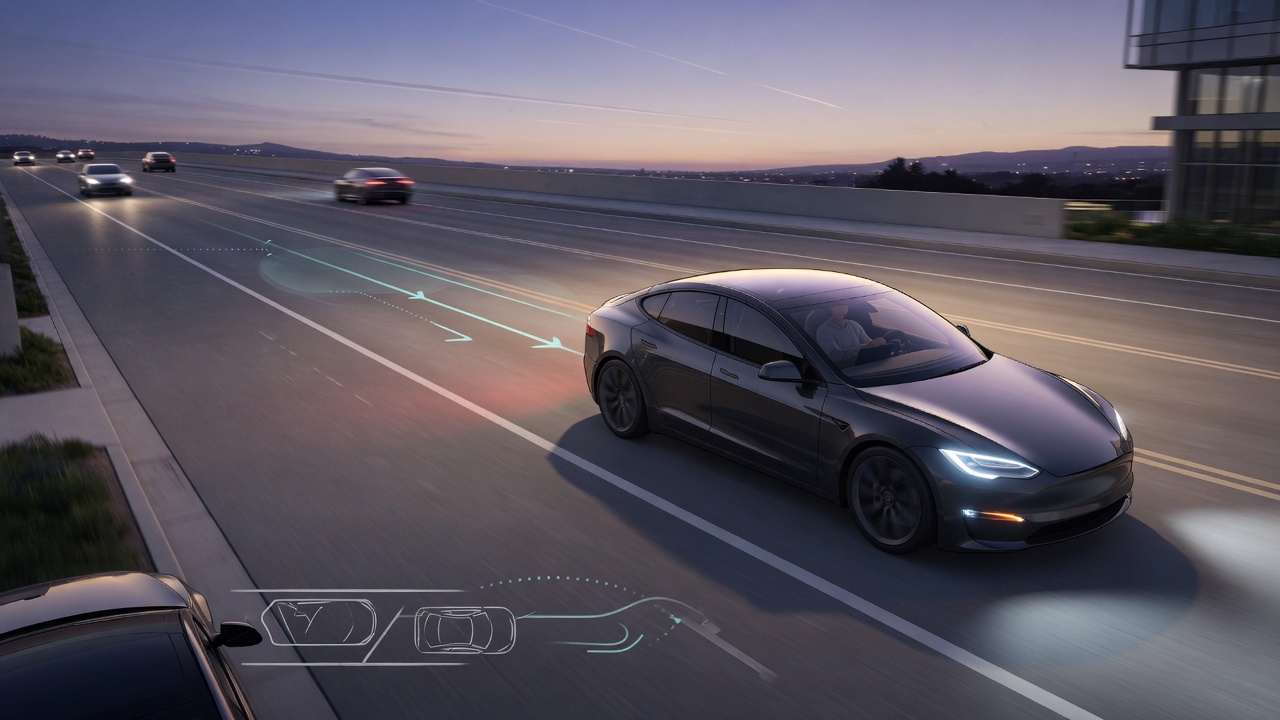 AI-generated editorial illustration for Tesla Repost Shows FSD Supervised Lane Changes and Parking
