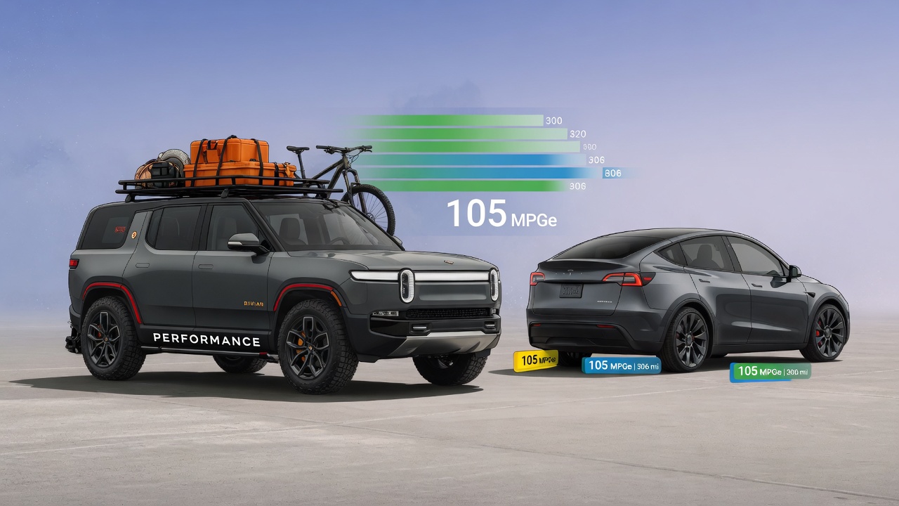 AI-generated editorial illustration for Rivian R2 Performance matches Model Y efficiency while hauling 800 lbs more
