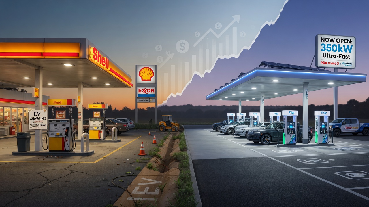 AI-generated editorial illustration for Why gas stations are slow to add EV chargers, and who is moving anyway