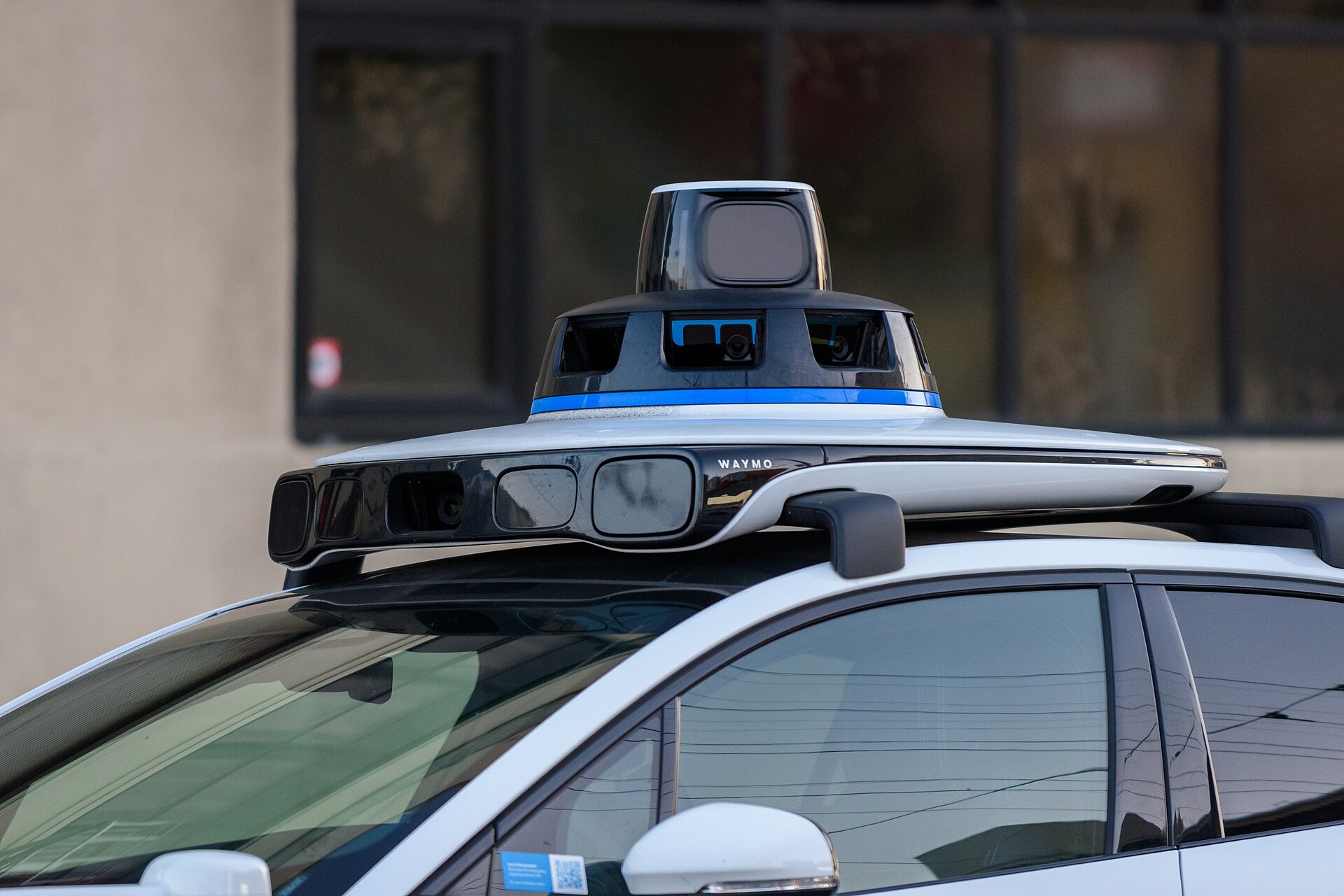 Roof sensor closeup on a Waymo Jaguar I-Pace.